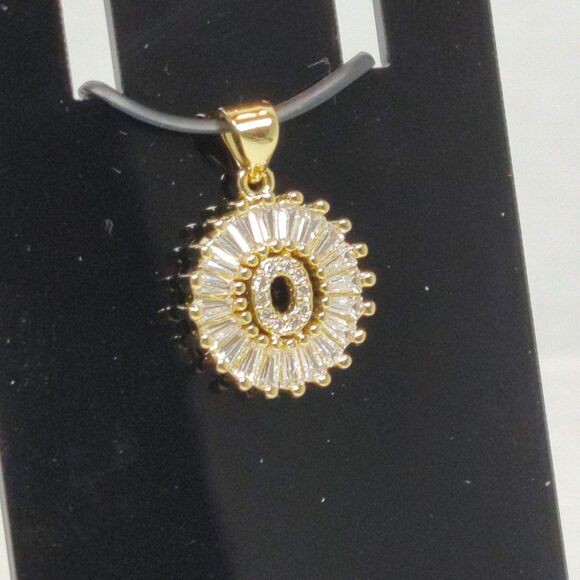 Gold Tone Metal Pendant Clear Baguette Round Glass Stones Monogrammed "O" New - Picture 8 of 16